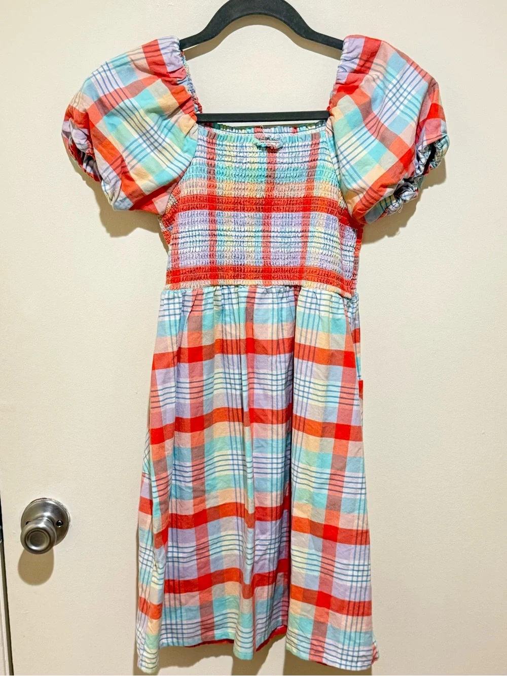 wonder nation Red Multi-Color Plaid Puff Sleeve Button-Front Dress